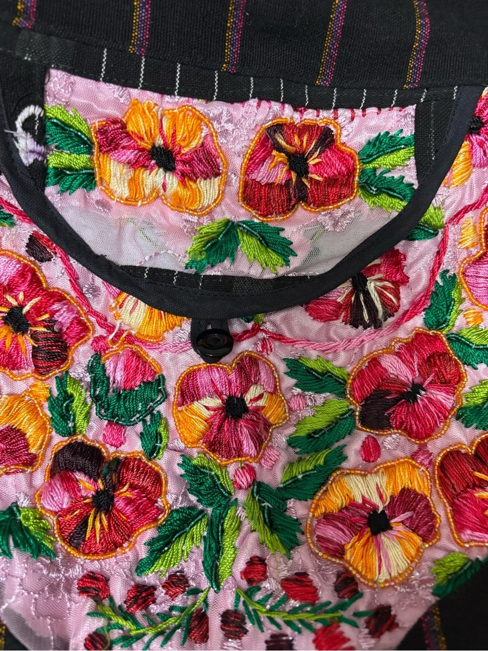 Embroidered Floral Black Hobo Bag with Pink Accents
